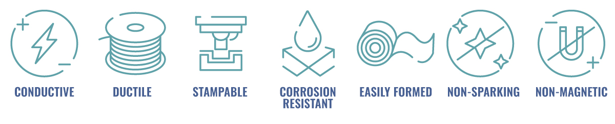 beryllium copper - conductive, ductile, stampable, corrosion resistant, easily formed, non-sparking, non-magnetic