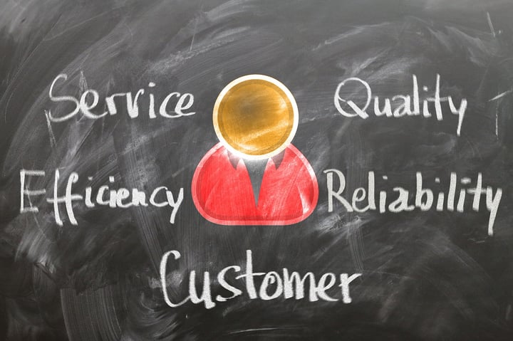 chalkboard image listing: service, quality, efficiency, reliability, and customer
