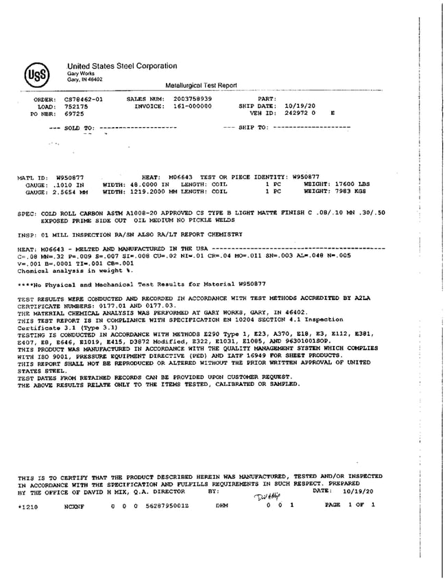 mill test report example page 1